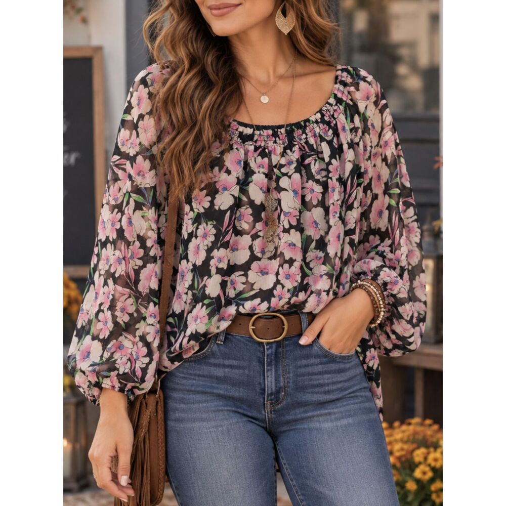 Tommy Hilfiger Floral Peasant Blouse M Black Pink Sheer Boho Long Sleeve Top